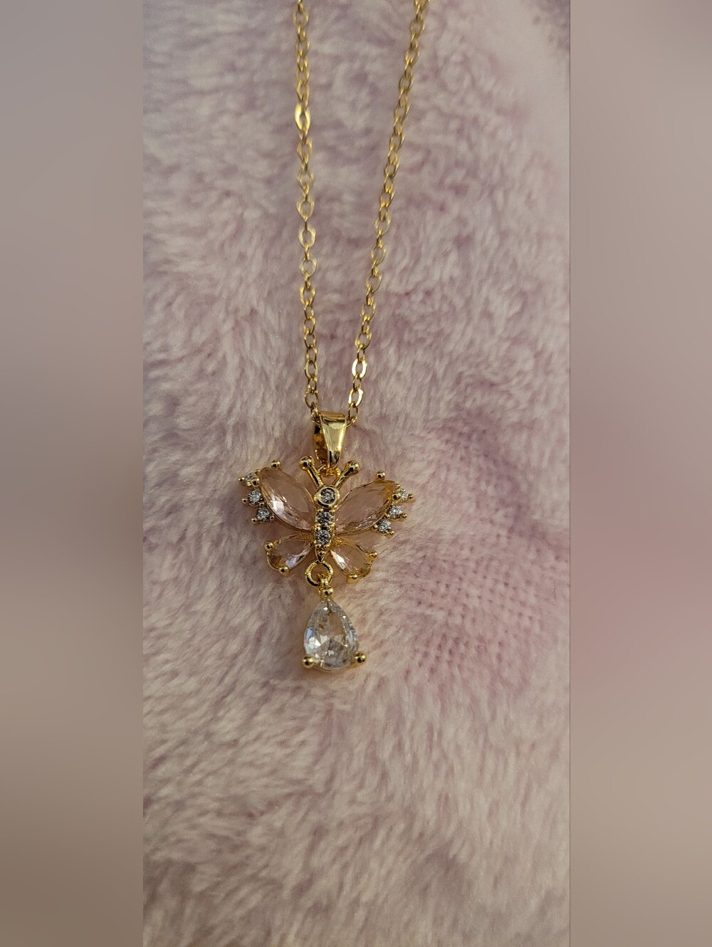 Gold Butterfly Pendant Necklace w/ Clear and Light Pink Stones Inc pink Bracelet